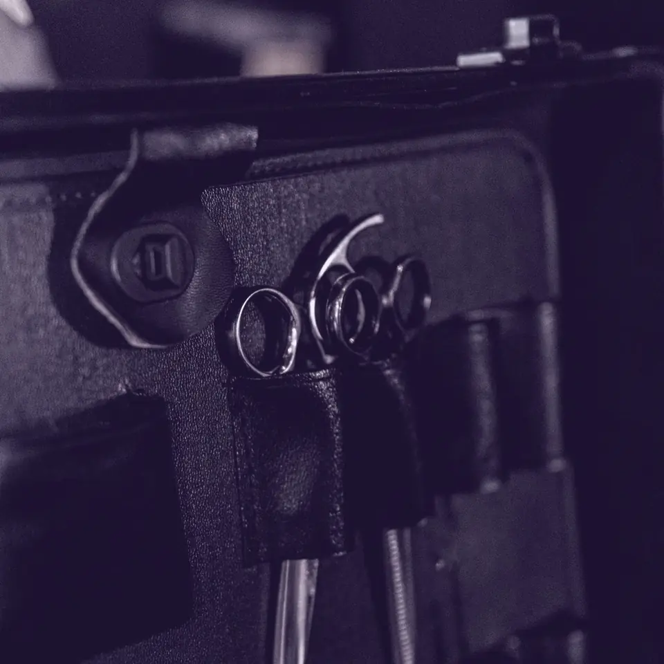Scissors and shears holstered in a black leather tool case