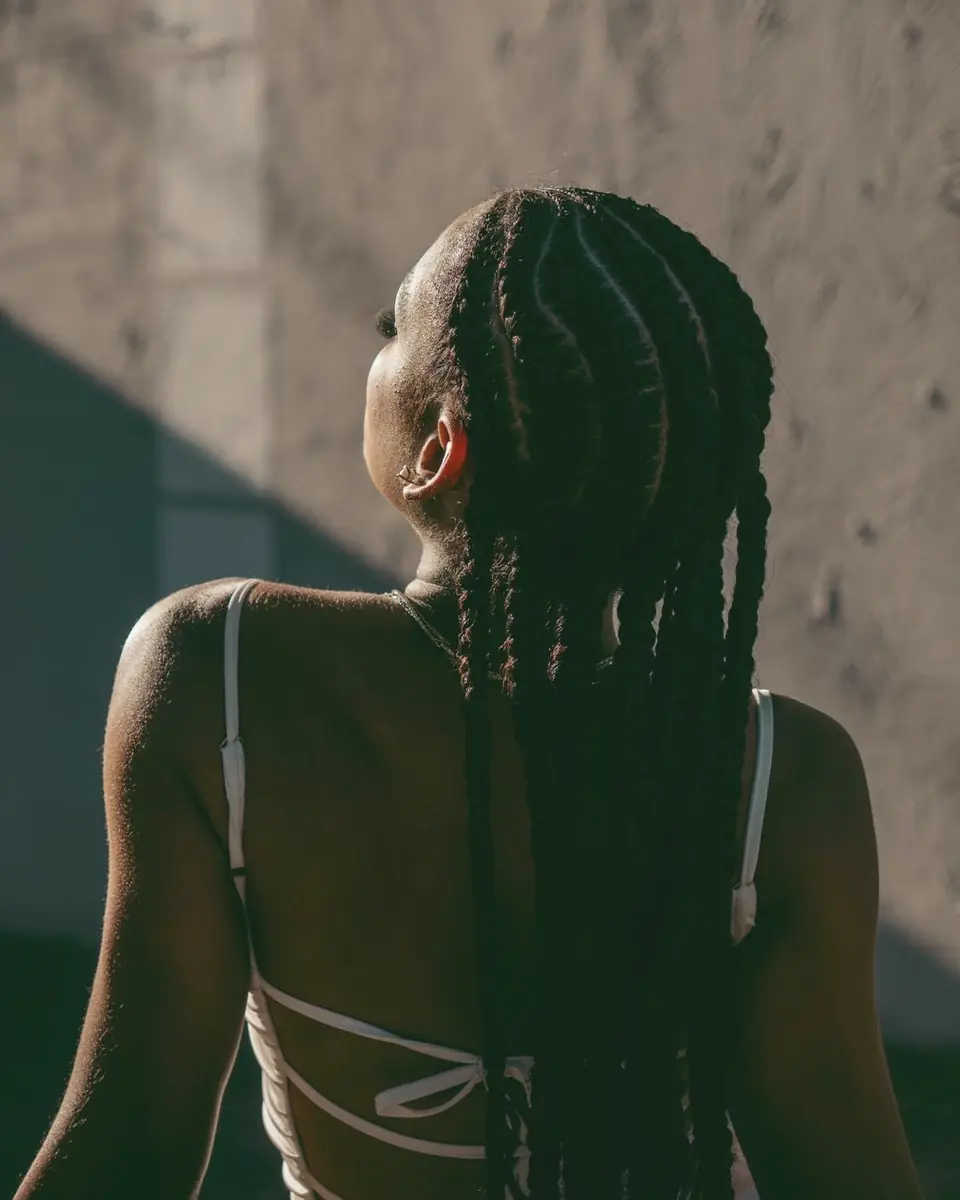 Long braids falling down a bare back, seen from behind in warm light